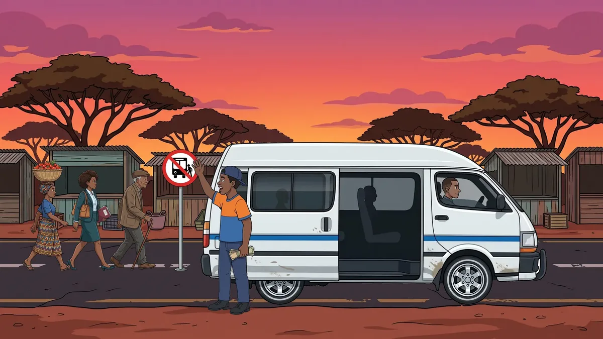 A kombi loading passengers at a township rank at sunset, with a hwindi calling the queue